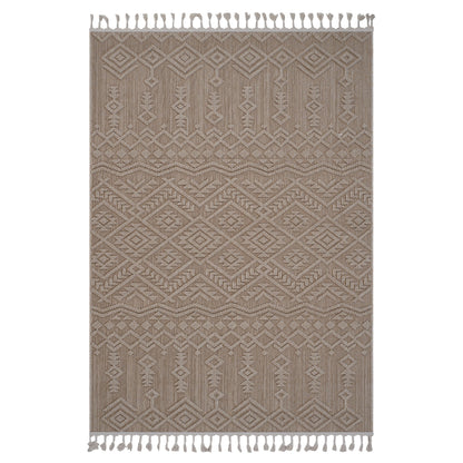 Light brown traditional indoor/outdoor rug with geometric pattern and fringe tassels.