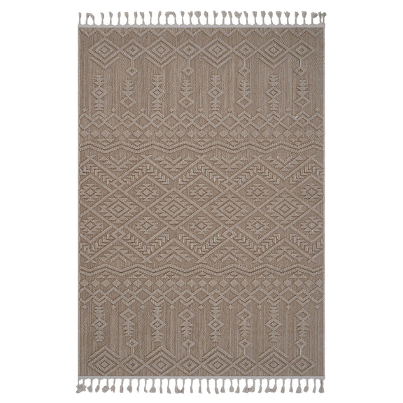 Light brown traditional indoor/outdoor rug with geometric pattern and fringe tassels.