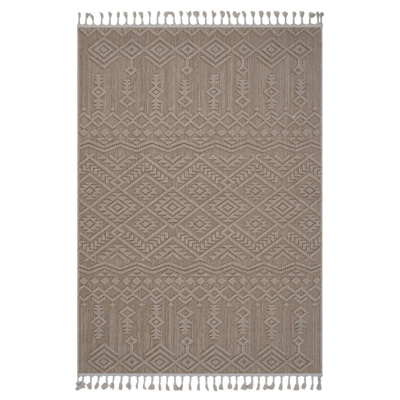 Light brown traditional indoor/outdoor rug with geometric pattern and fringe tassels.