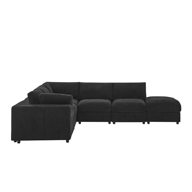 Dark charcoal modular sectional sofa with left ottoman chaise, padded arms and cushions
