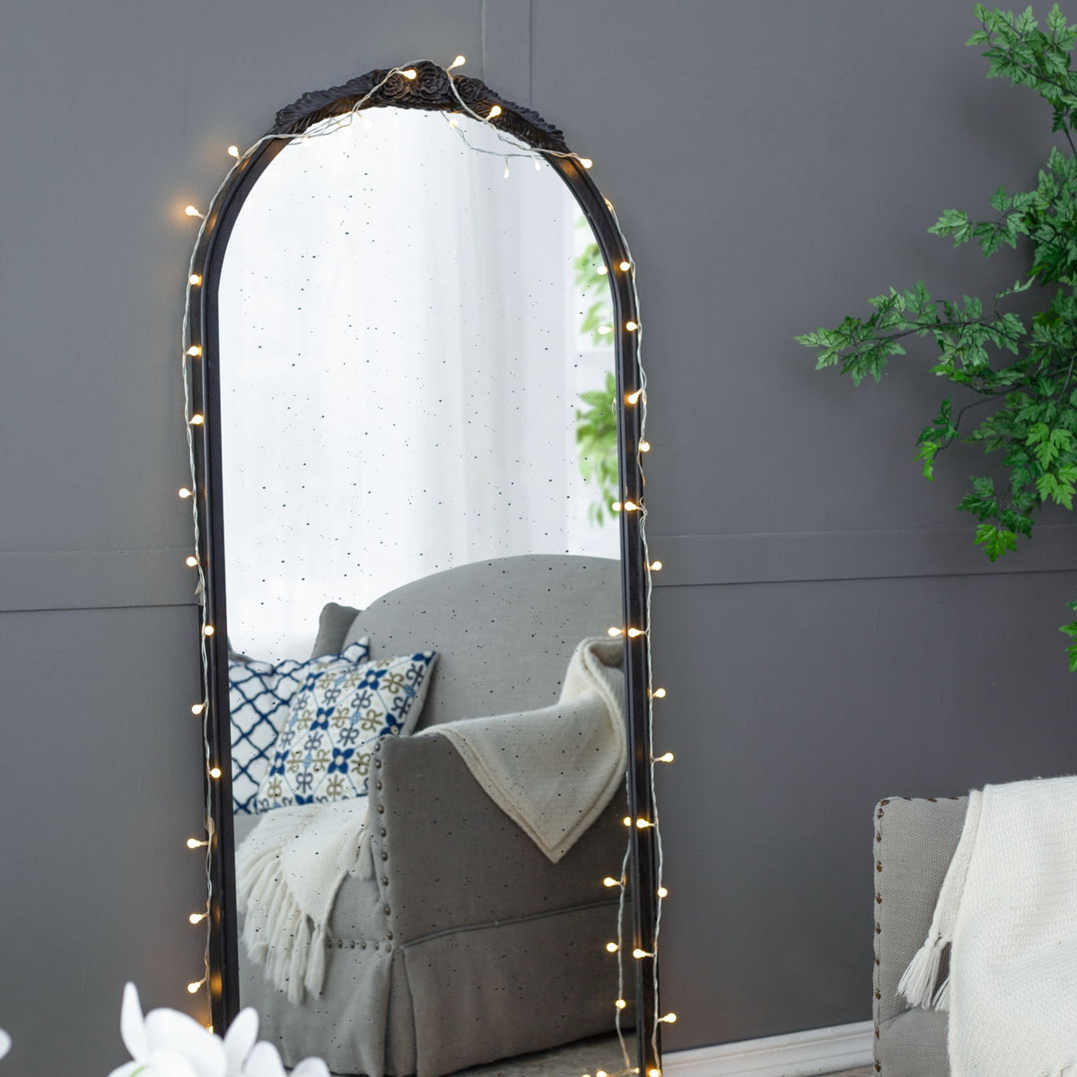 Hand Carved Rose Antique Mirror Frame, Wood Arch Mirror Wall Decor For Living Room