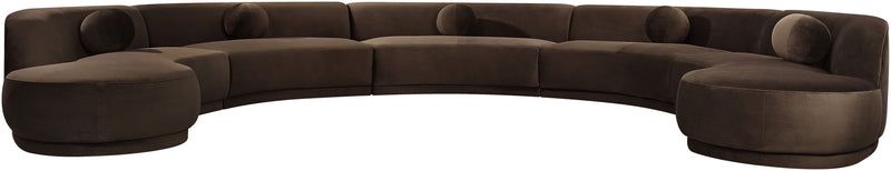 Dark brown performance velvet sectional sofa with rounded arms and deep seat cushions