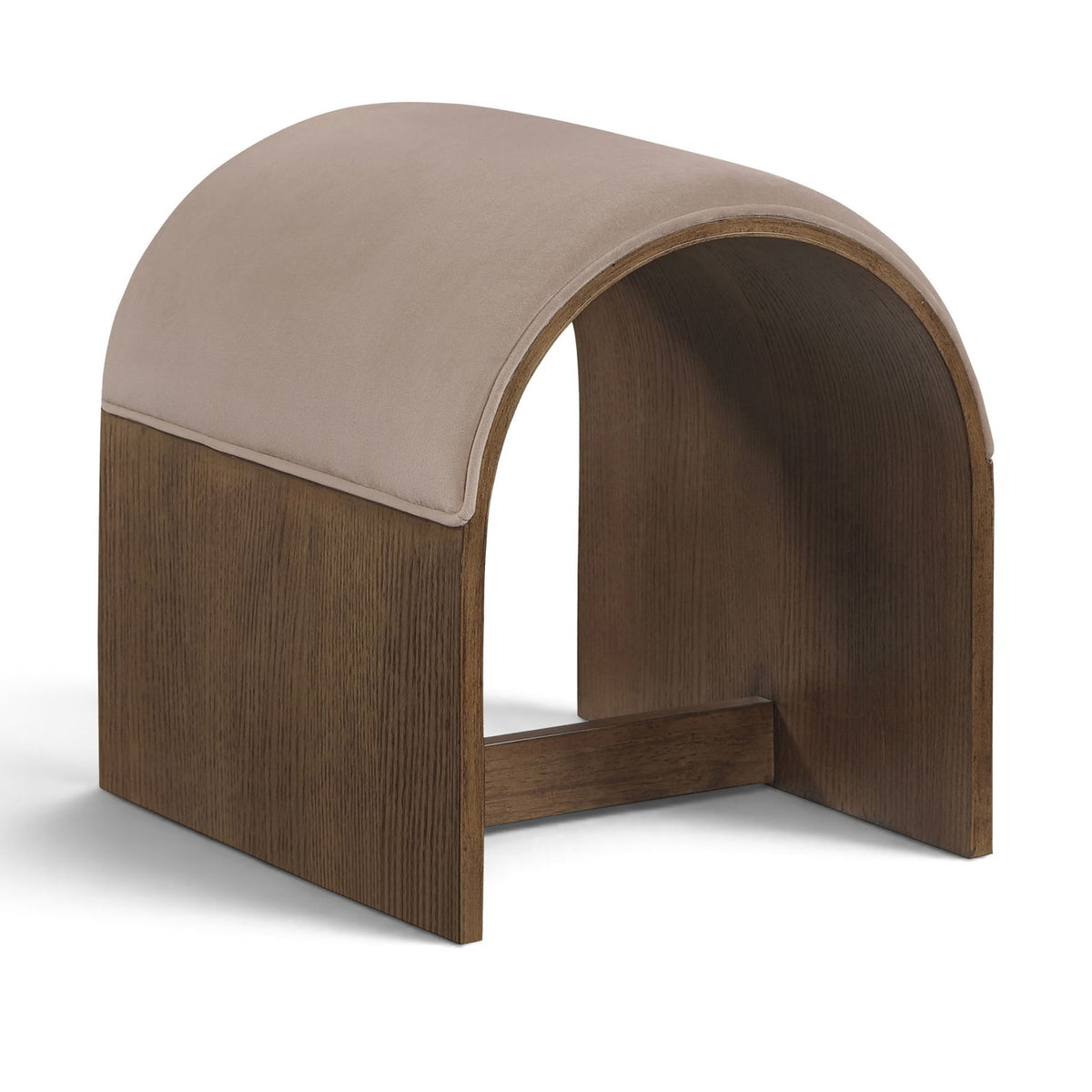 Light beige velvet upholstered bench with arched back and dark wood base