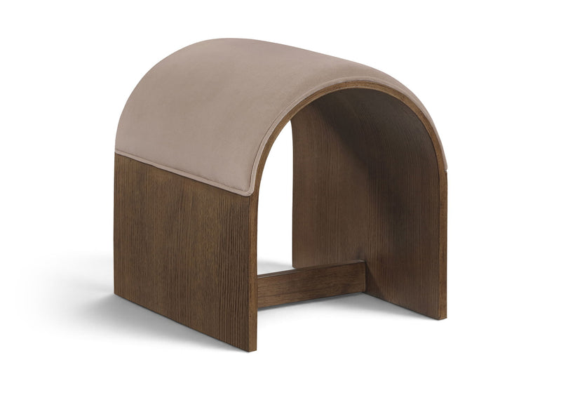 Light beige velvet upholstered bench with arched back and dark wood base