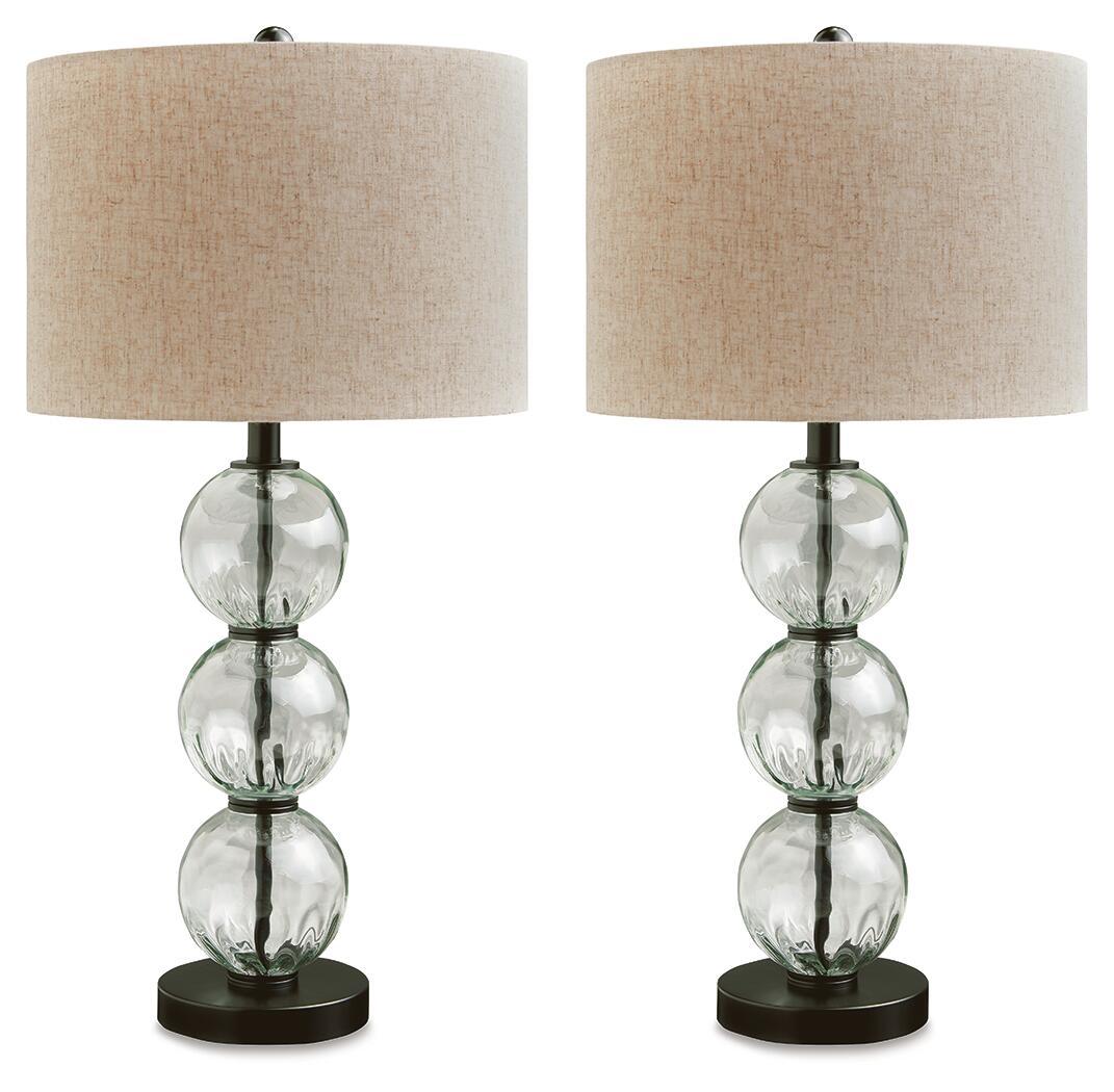 Set of 2 table lamps with beige shades, clear stacked glass globes, black bases.