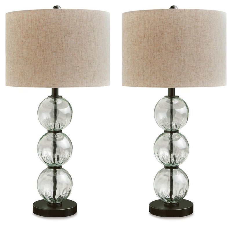 Set of 2 table lamps with beige shades, clear stacked glass globes, black bases.