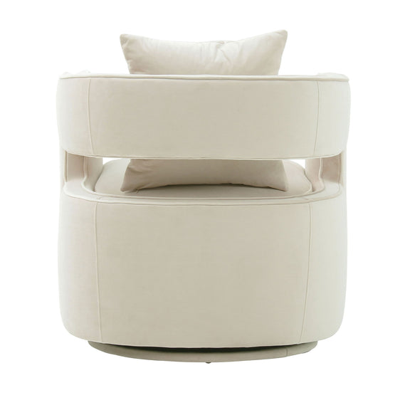 Beige upholstered swivel chair with wide arms and a padded backrest pillow.