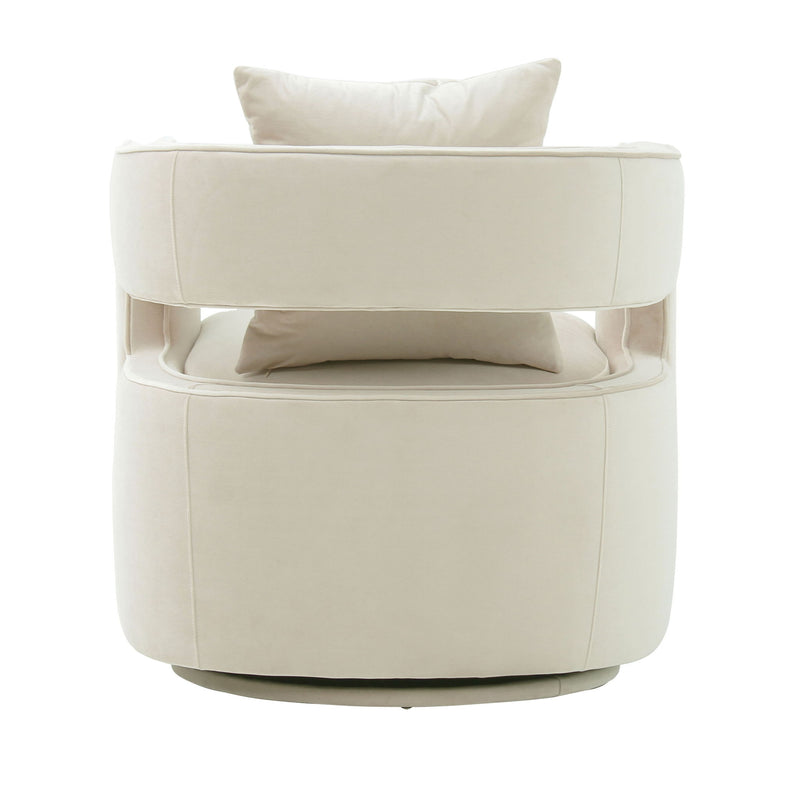 Beige upholstered swivel chair with wide arms and a padded backrest pillow.