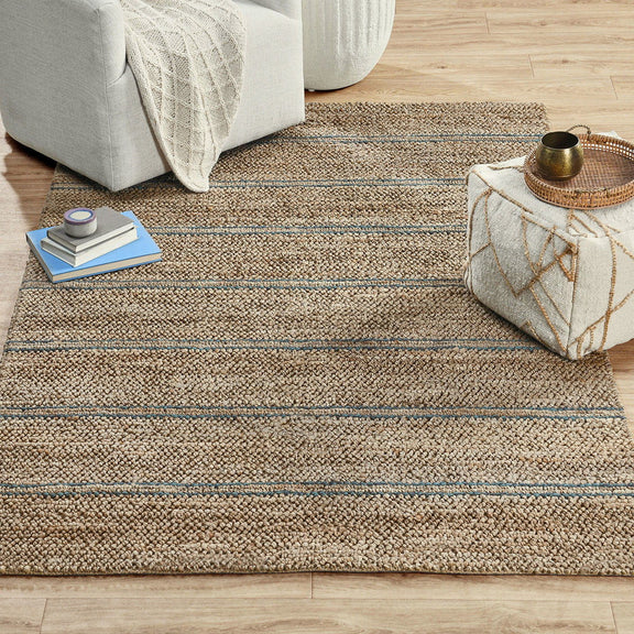 Light brown striped area rug with blue and cream horizontal bands, flatwoven