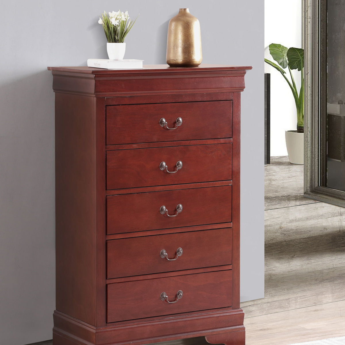 Dark red traditional storage chest with four drawers and silver curved handles
