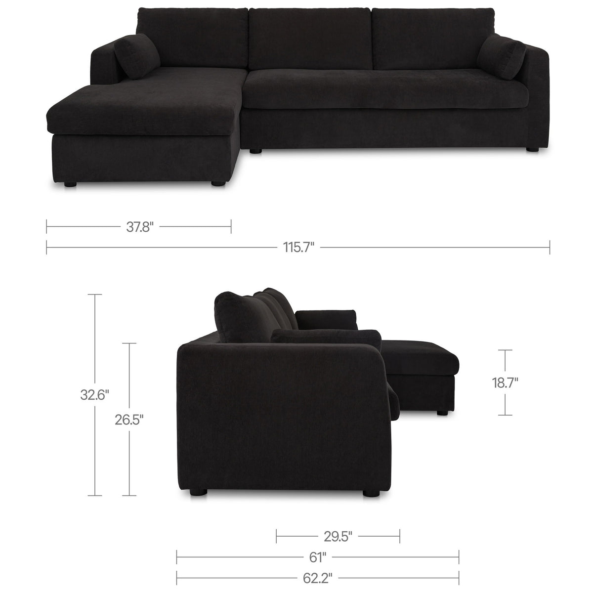 Black left storage chaise sleeper sectional sofa with dimensions shown