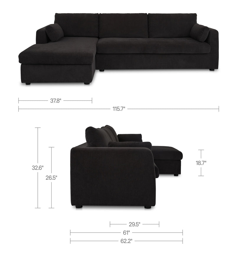 Black left storage chaise sleeper sectional sofa with dimensions shown