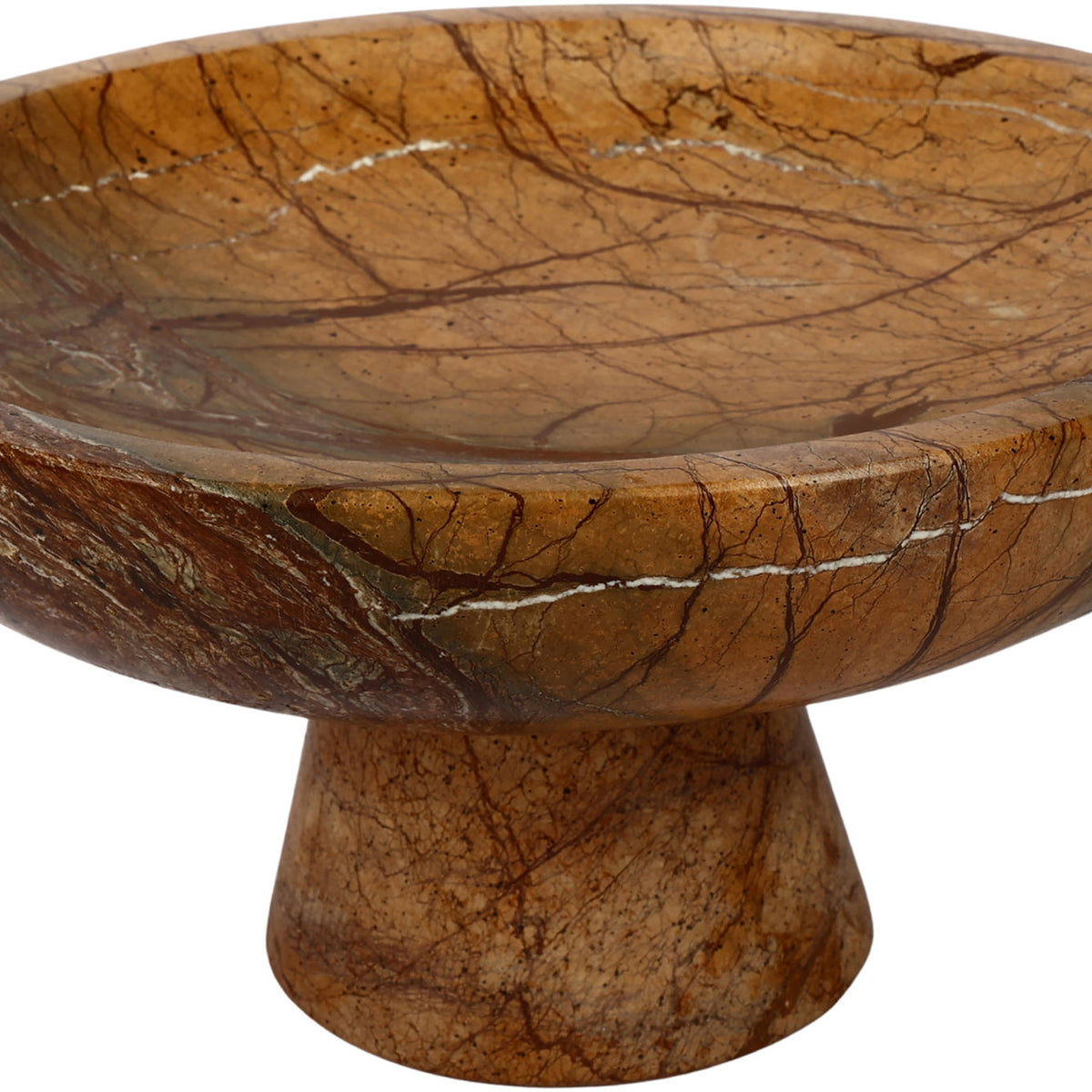Brown marble pedestal bowl with dark veins and shallow dish-shaped top