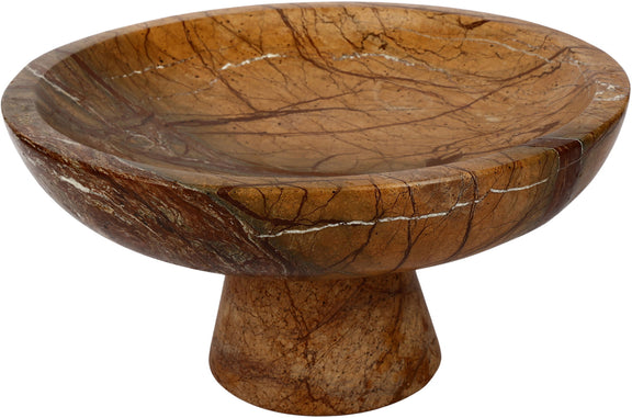 Brown marble pedestal bowl with dark veins and shallow dish-shaped top