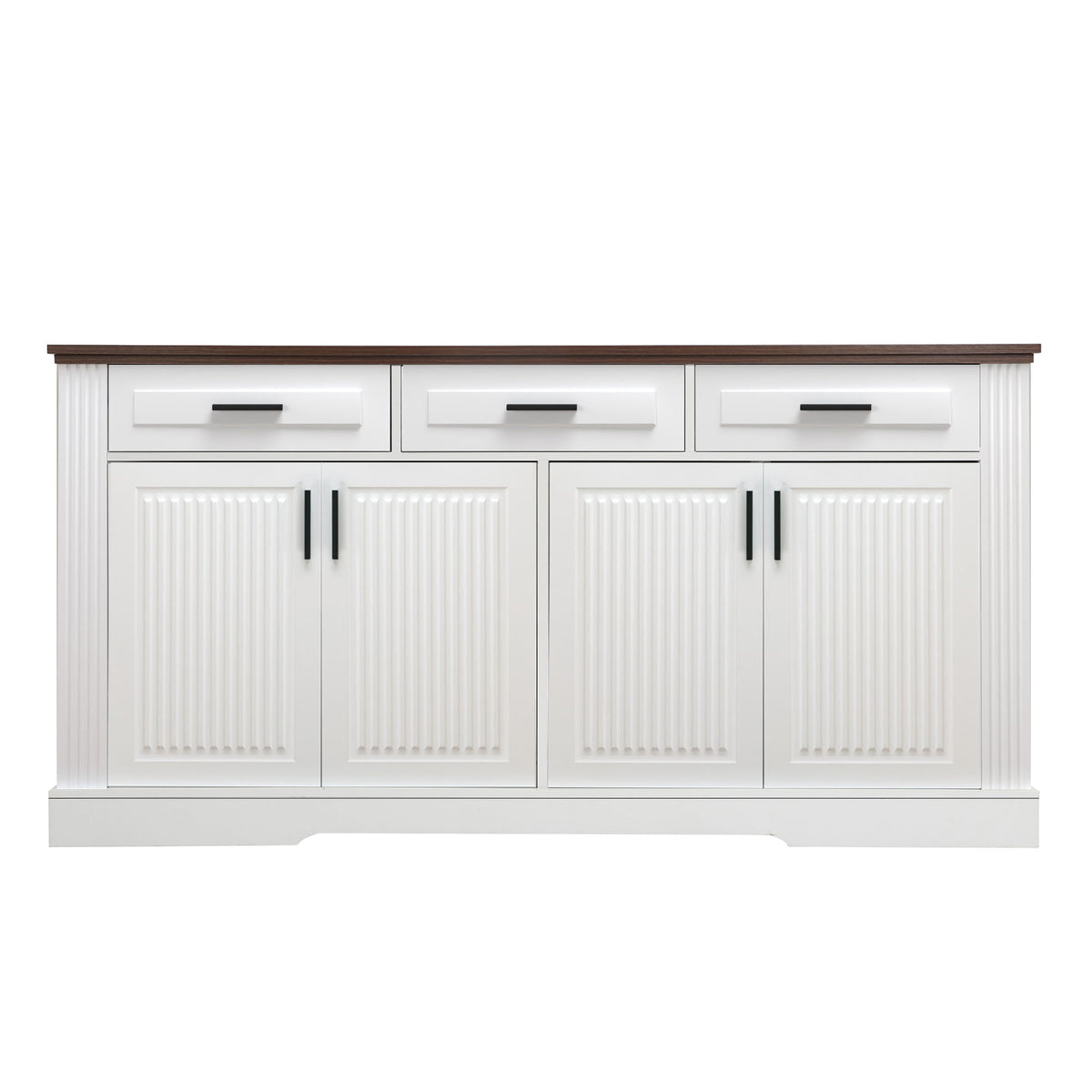 White sideboard buffet cabinet with 4 fluted doors and 3 drawers