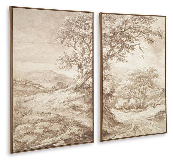 Set of 2 framed beige and brown landscape prints with trees and winding path