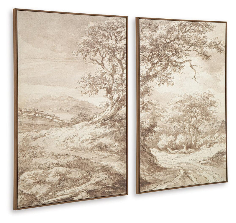 Set of 2 framed beige and brown landscape prints with trees and winding path