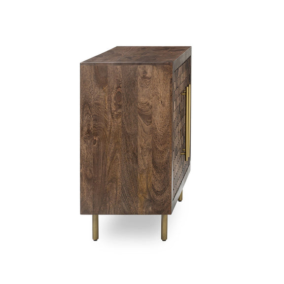 Brown cabinet side view with wood grain finish, metal hinge and panel edges