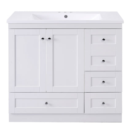 White bathroom vanity cabinet with sink, two doors and four soft-close drawers