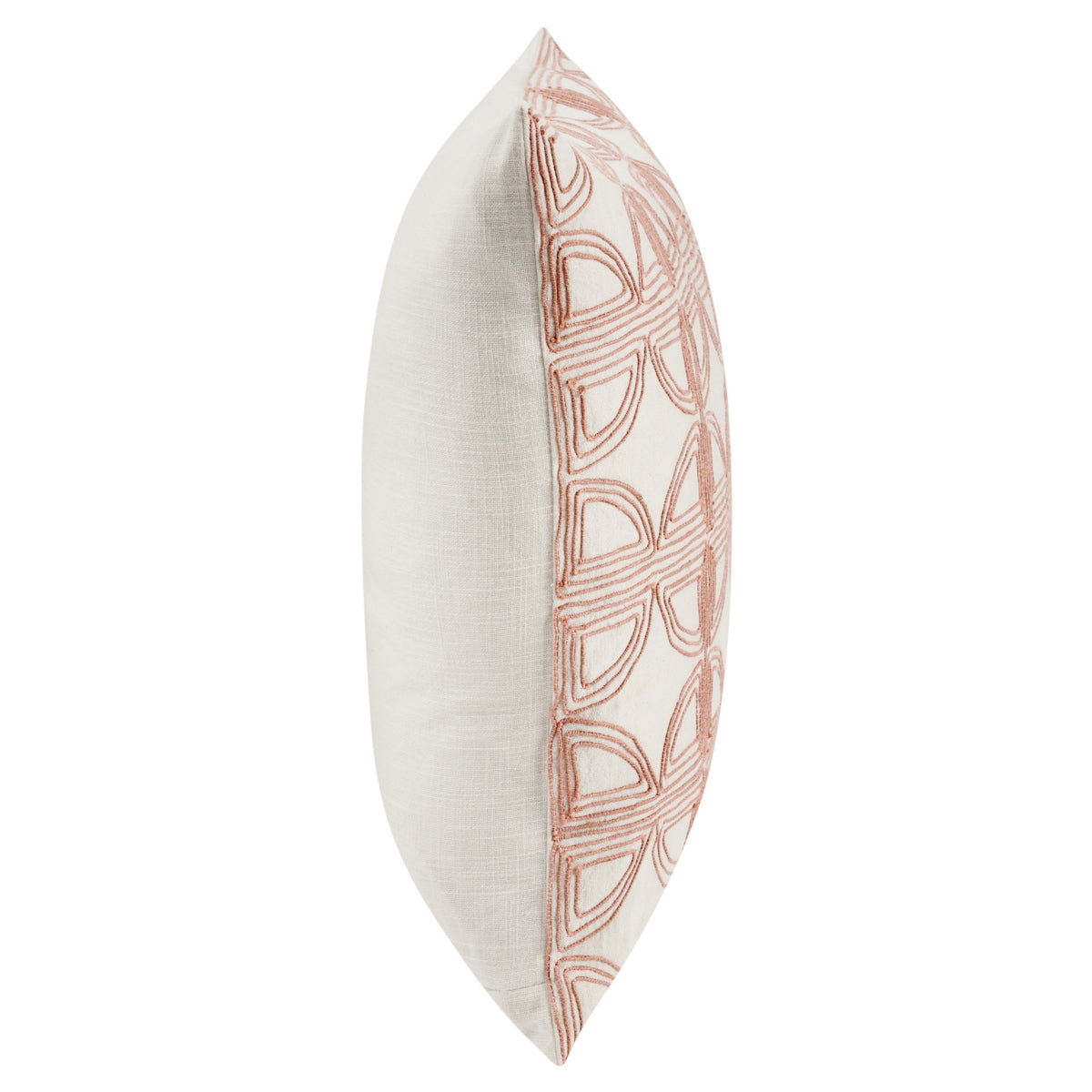 22 x 22 in ivory pillow with blush geometric pattern on side panel, square cushion