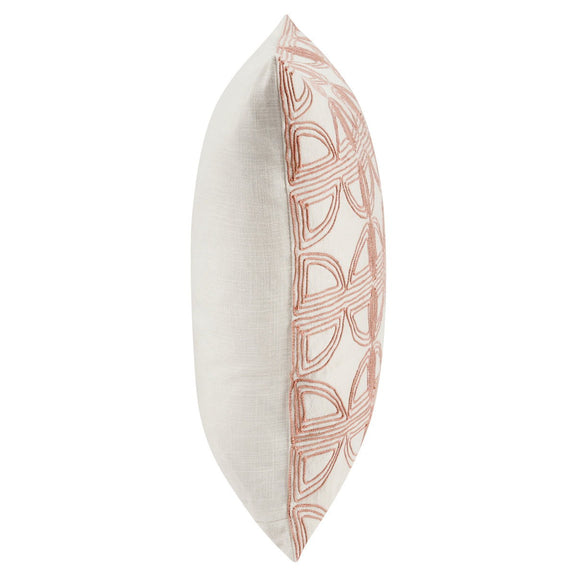 22 x 22 in ivory pillow with blush geometric pattern on side panel, square cushion