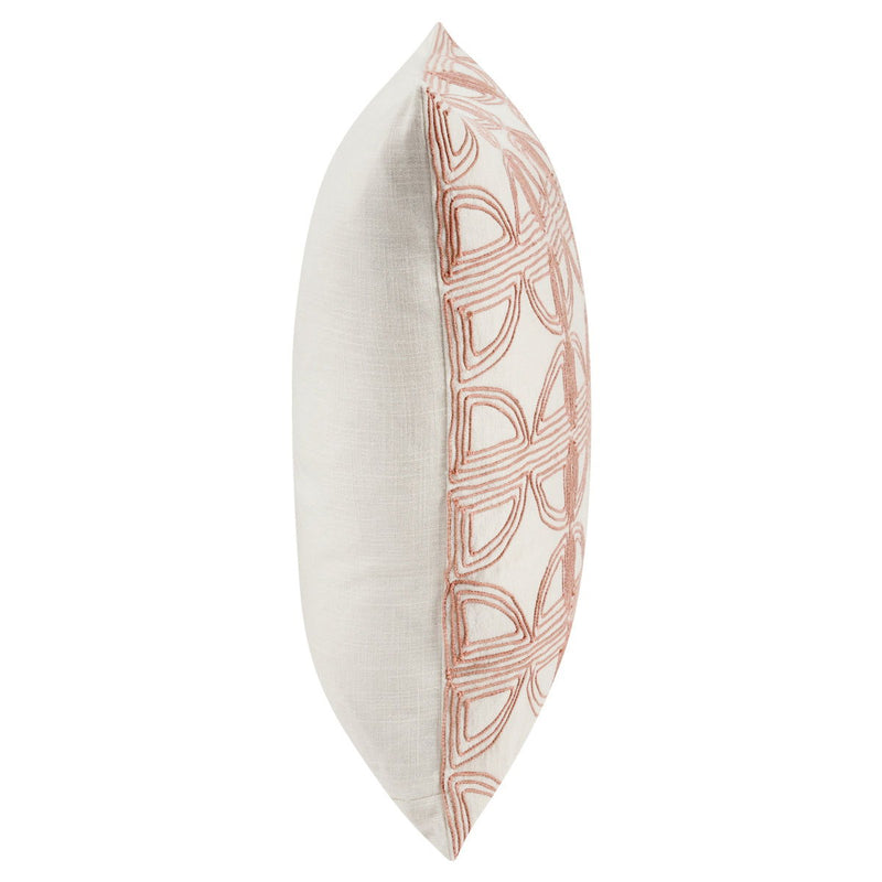 22 x 22 in ivory pillow with blush geometric pattern on side panel, square cushion