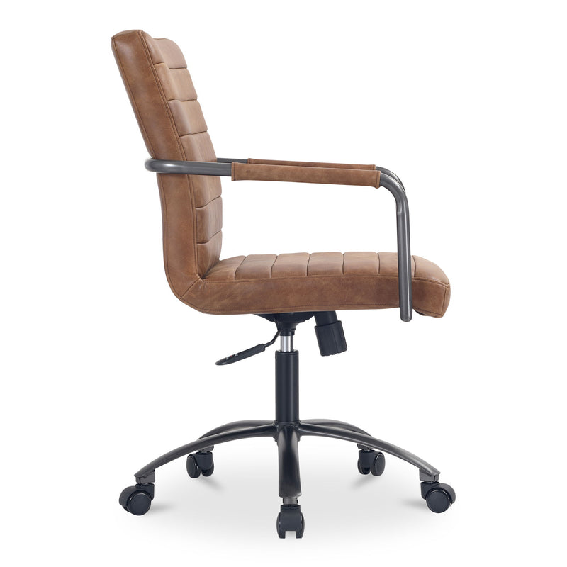 Brown leather office chair with padded arms, tufted seat, swivel base and casters