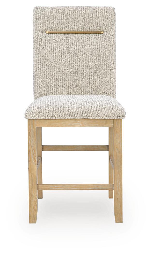 Upholstered barstool with beige upholstered back and seat, light brown wood frame