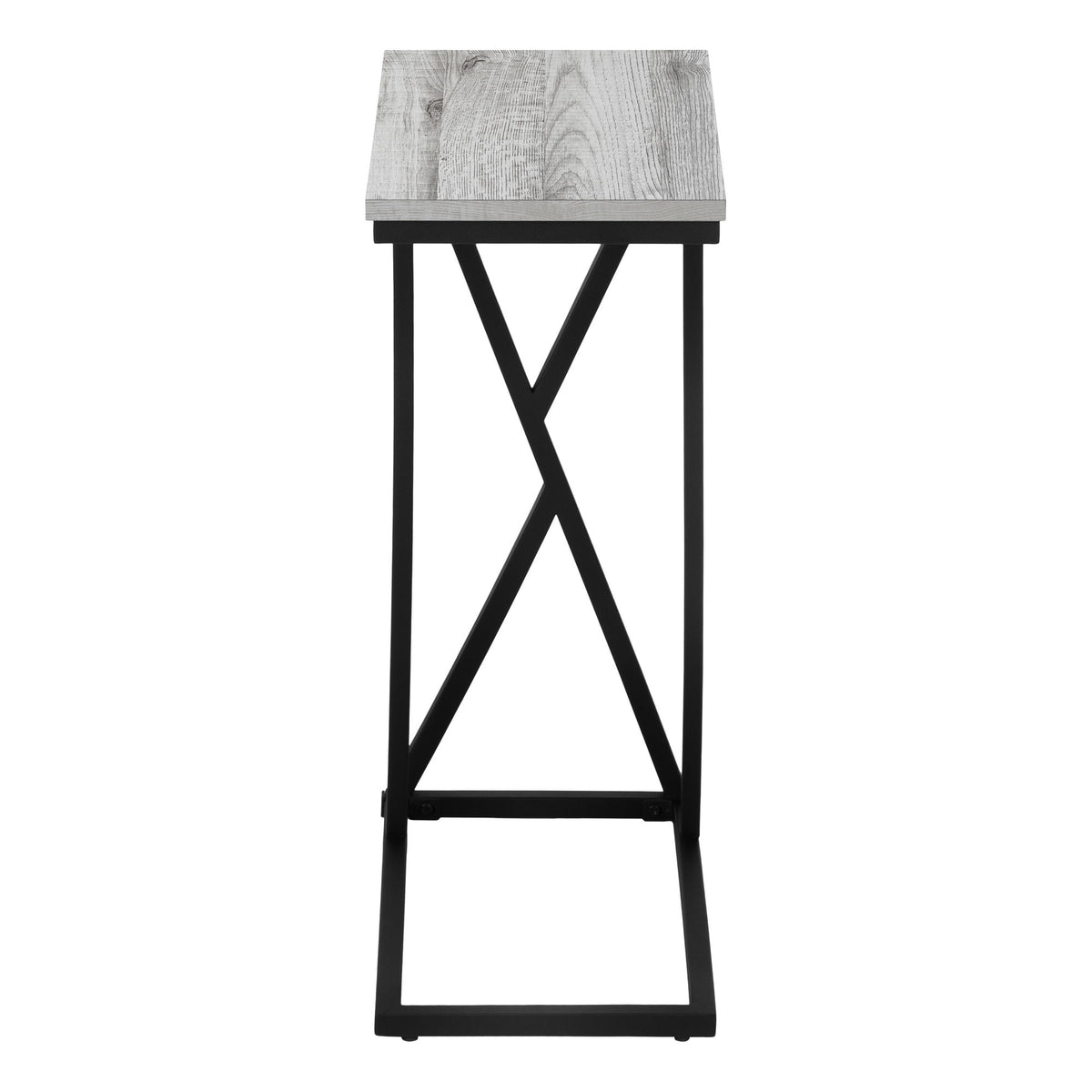 Accent table with dark metal X-frame legs and light wood square tabletop, open base