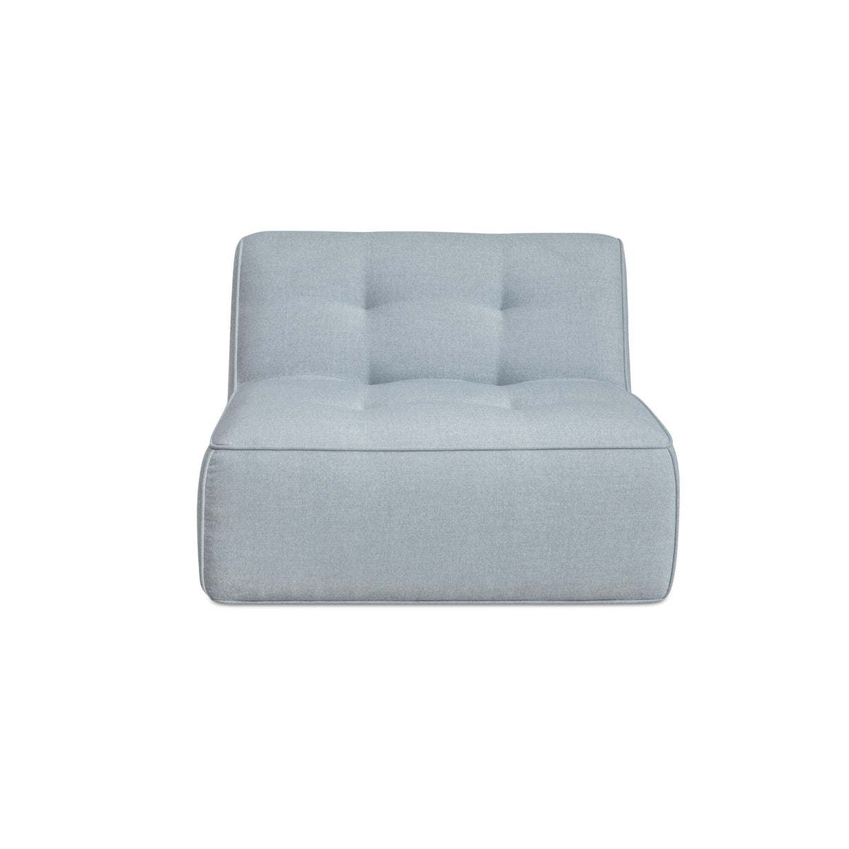Light blue outdoor slipper chair with tufted backrest and wide cushioned base