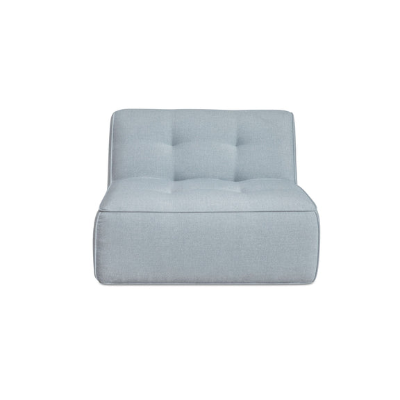 Light blue outdoor slipper chair with tufted backrest and wide cushioned base