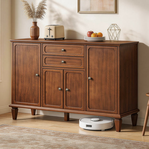 Dark brown sideboard buffet with four doors and two drawers, shown in a kitchen setting