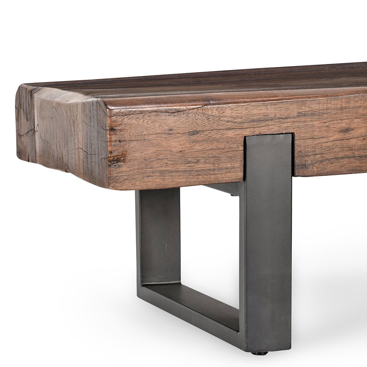 Reclaimed wood bench side view with dark brown finish and black metal frame
