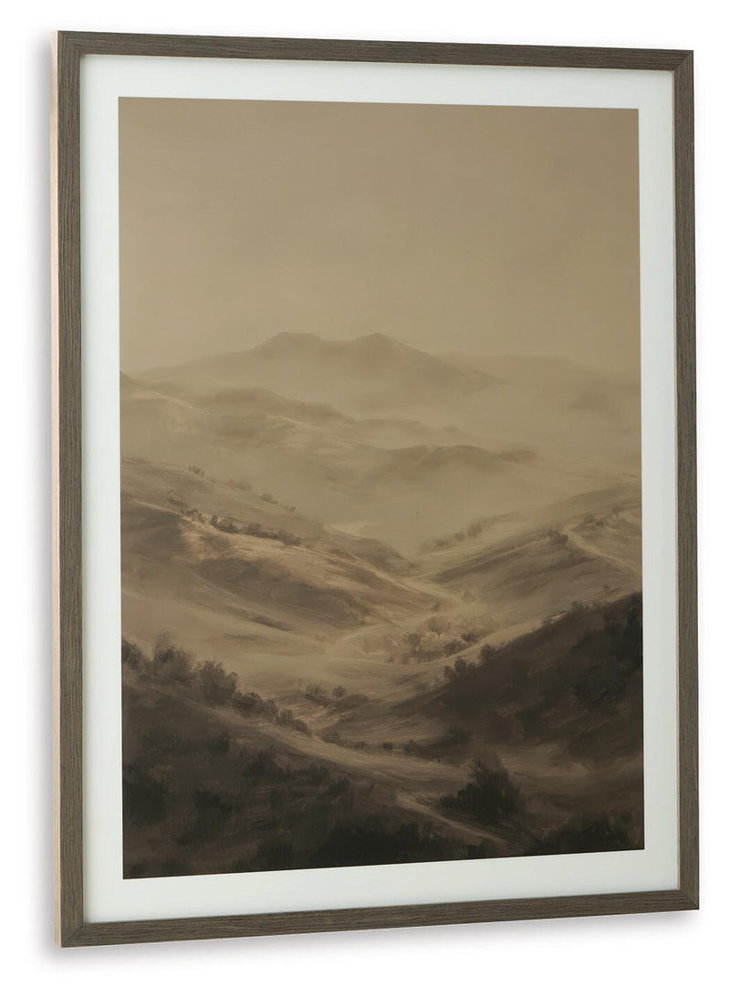 Framed landscape wall art print with brown valley hills and beige sky