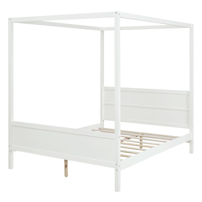 White canopy platform bed frame with headboard panel and slatted base