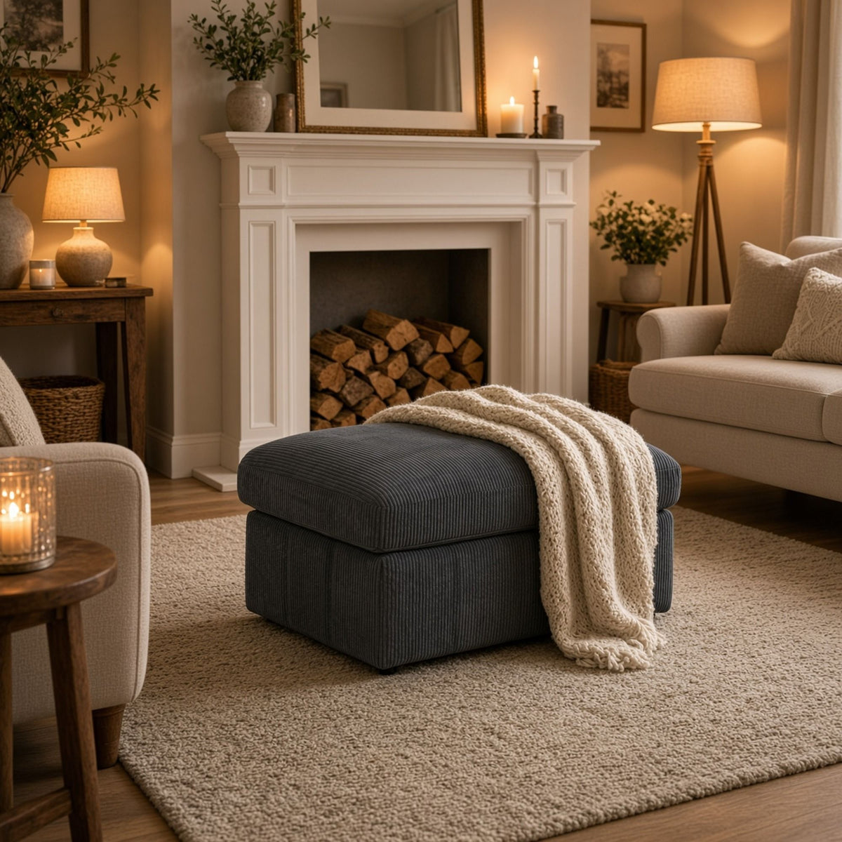 Dark gray ottoman with a cream throw draped over its ribbed cushion