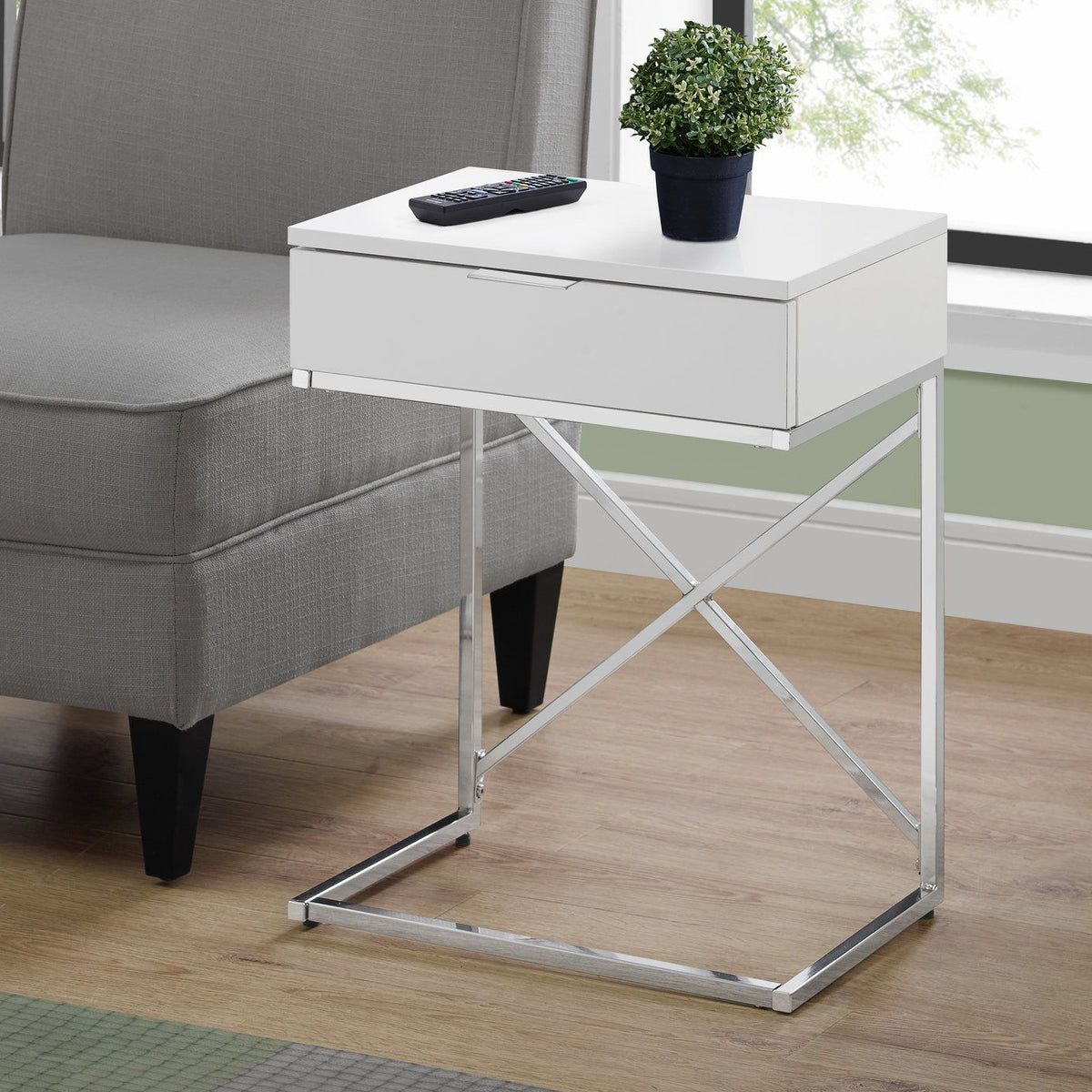 White accent side table with storage drawer and metal X-frame supports