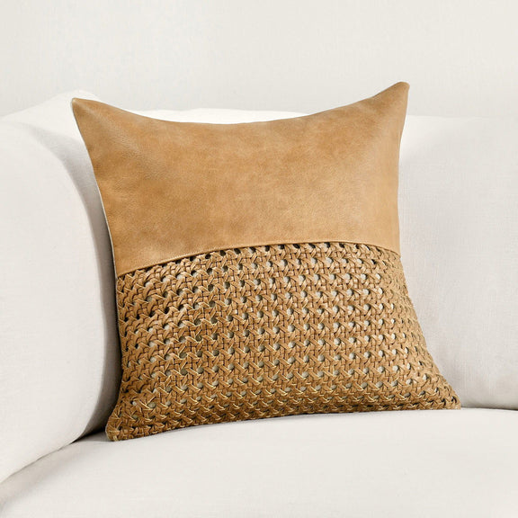 Chestnut leather-look top with woven band throw pillow, square cushion