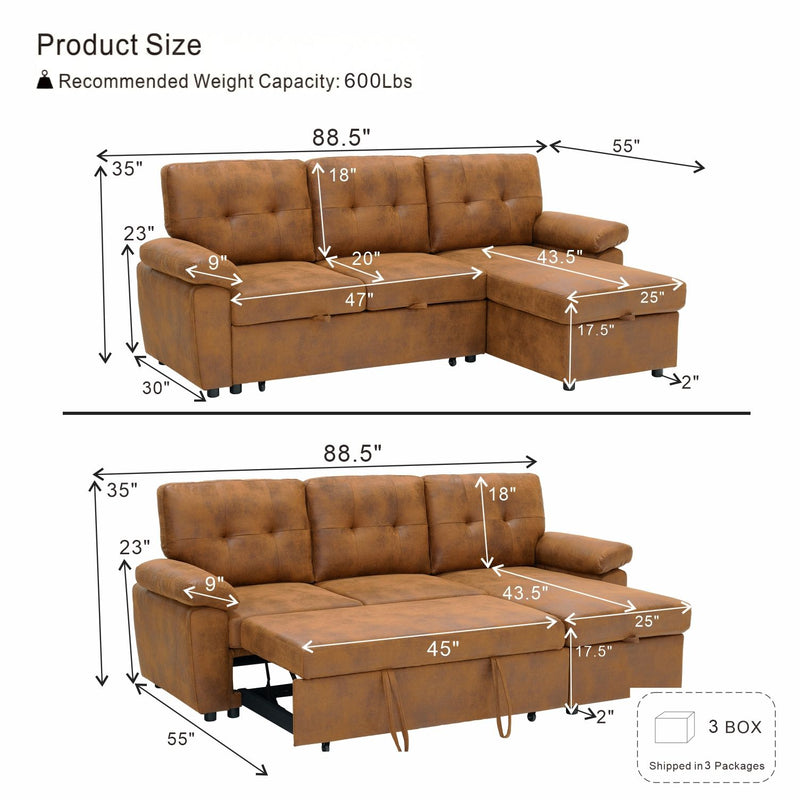 Convertible L - Sectional Sofa Bed With Storage Chaise And Padded Armrests
