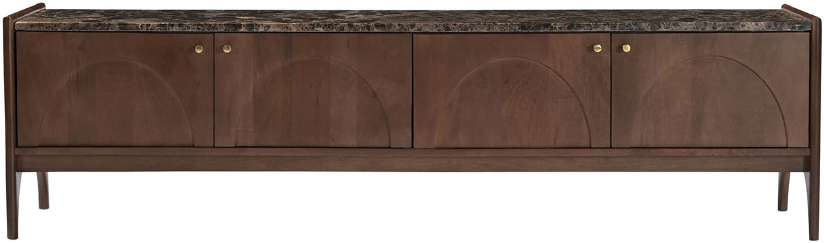 Dark brown mango wood media console front with dark marble top and brass knob pulls