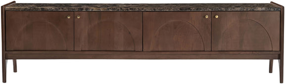 Dark brown mango wood media console front with dark marble top and brass knob pulls