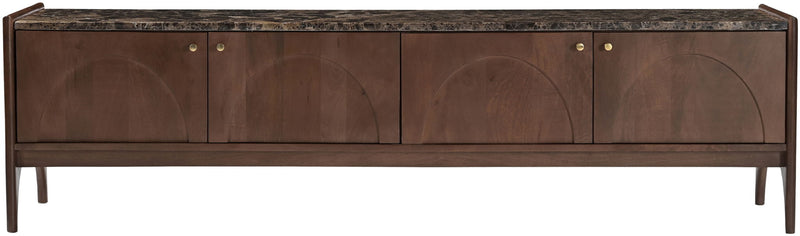 Dark brown mango wood media console front with dark marble top and brass knob pulls