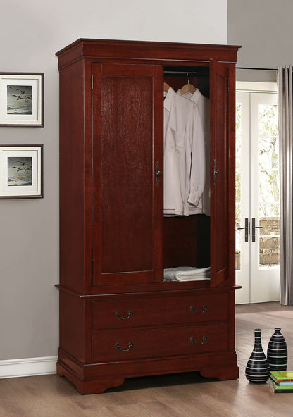 Dark red wooden armoire with two doors and drawers; open front shows hanging clothes