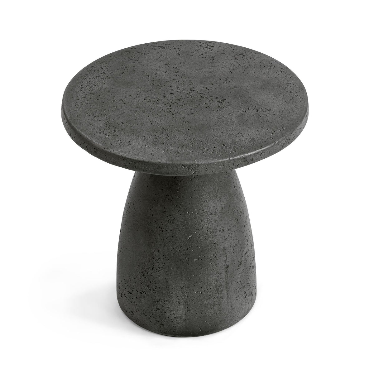 Outdoor accent table with dark speckled finish, round top, and tapered pedestal base.
