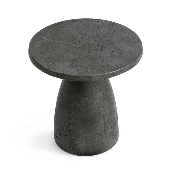 Outdoor accent table with dark speckled finish, round top, and tapered pedestal base.