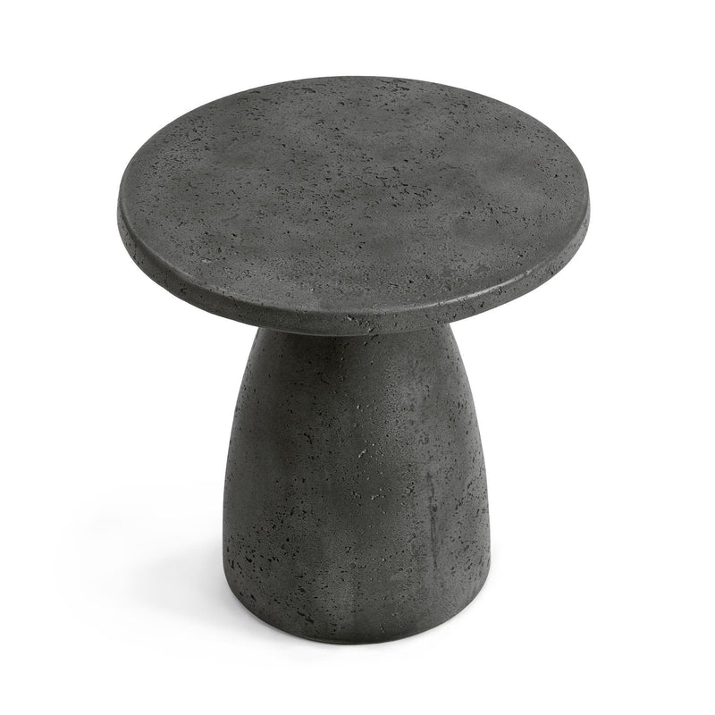 Outdoor accent table with dark speckled finish, round top, and tapered pedestal base.