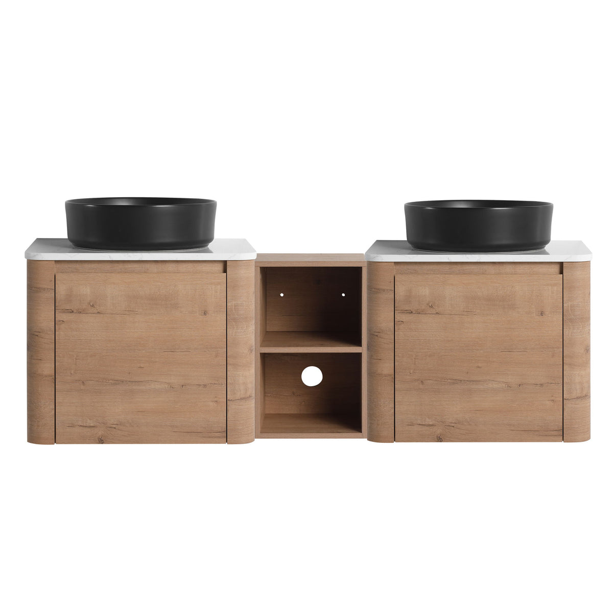 Wall-mounted bathroom vanity with two black vessel sinks and open central shelf, wood cabinet