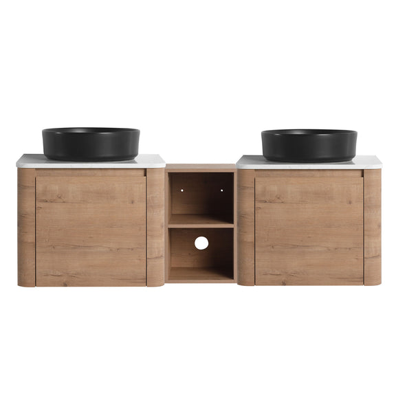 Wall-mounted bathroom vanity with two black vessel sinks and open central shelf, wood cabinet