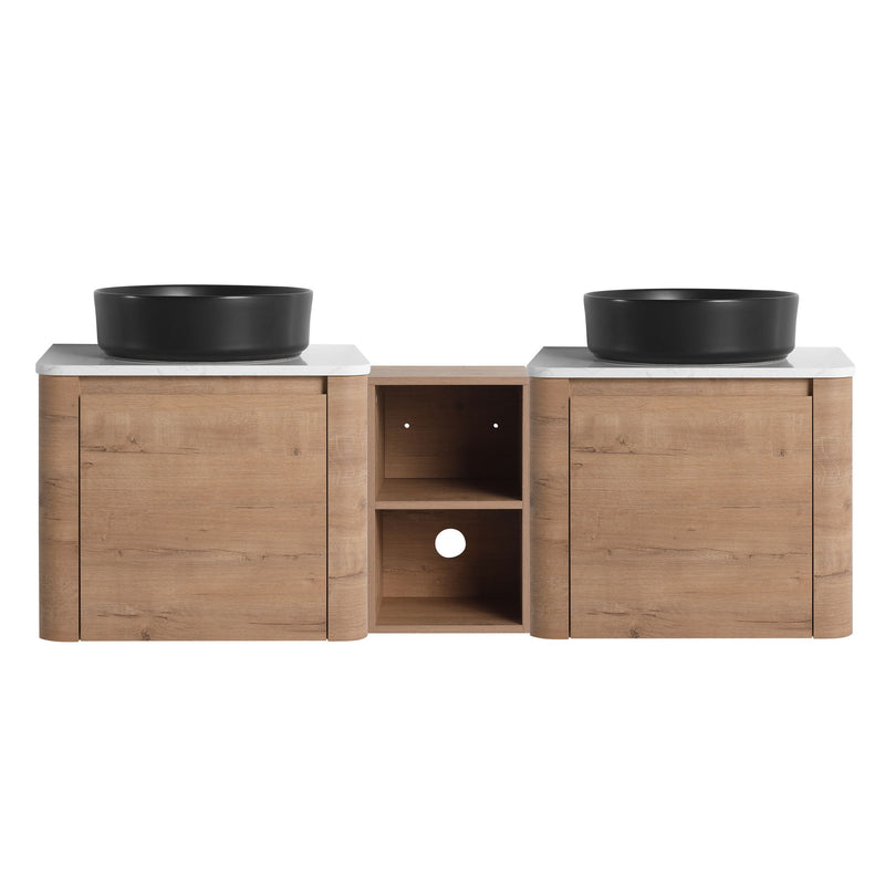 Wall-mounted bathroom vanity with two black vessel sinks and open central shelf, wood cabinet