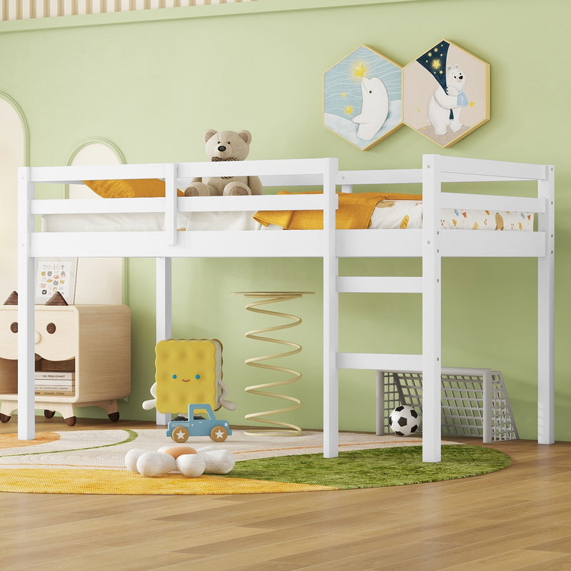 Solid Wooden, Rubber Wooden Twin Loft Bed with Ladder, Bed Platform of Strengthened Slats, White